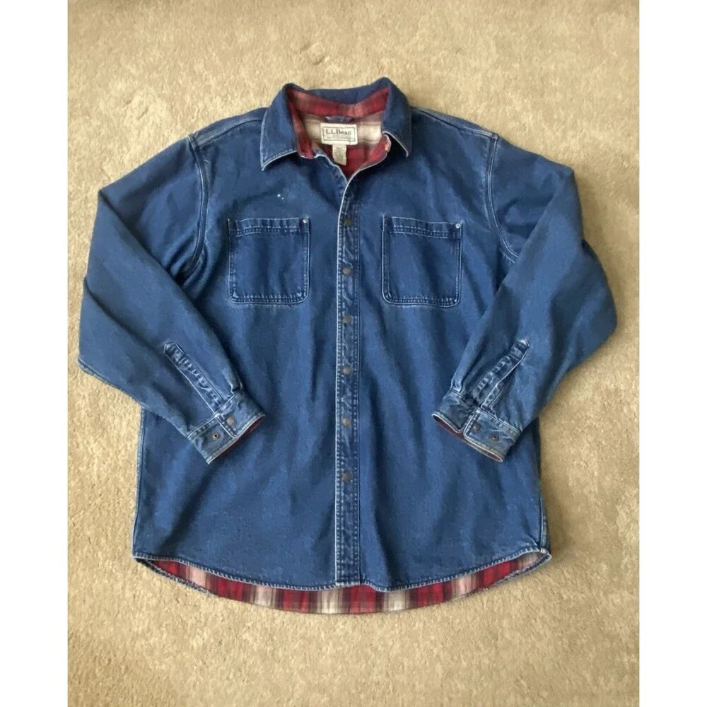 LL Bean Vintage 90’s Flannel-Lined Med Wash Denim Utility Shacket Men’s Size XL